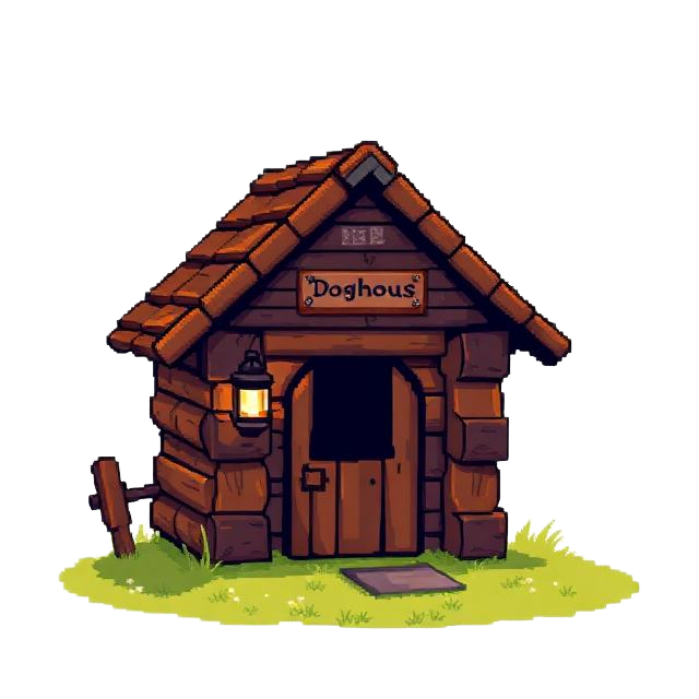 A tiny pixel-art doghouse glowing at night