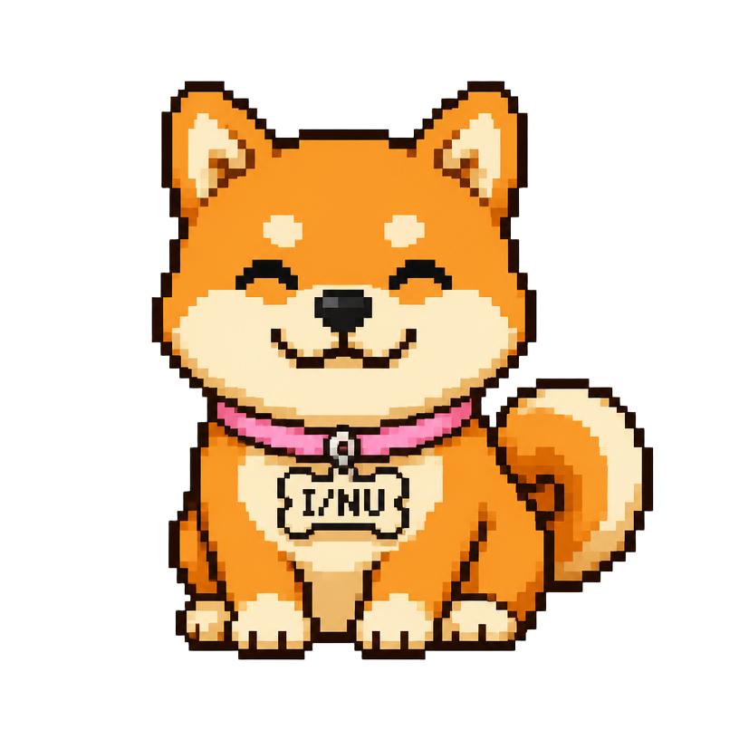 INU, a tiny pixel-art Shiba Inu wearing a pink collar with an I/NU bone tag
